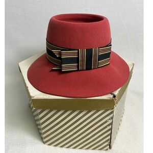 Vintage Frank Olive Frank's Girl Womens Red Wool Felt Hat Striped Ribbon Bow Box